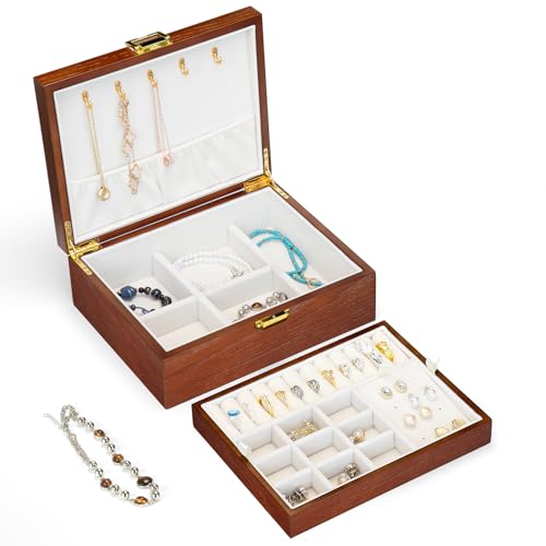 Slege Boîte à Bijoux en Bois à 2 Niveaux pour Femme et Fille,Fait Main Coffret à Bijoux,Organisateur de Bijoux,Rangement Bijoux,Plateau Flexible,Pour Colliers,Bagues,Boucles d'Oreilles,Idée Cadeau