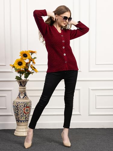Image of Women's Winter Woolen Cardigan | Full Sleeve Textured Buttoned Sweater for Women | Soft Wool V-Neck Warm Knitted Outerwear for Office & Casual Wear