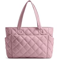20L Uselike Women's Lightweight Quilted Puffer Tote Bag w/ Zipper, 8 Pockets & 15.6 Inch Laptop Compartment (Mauve Pink)