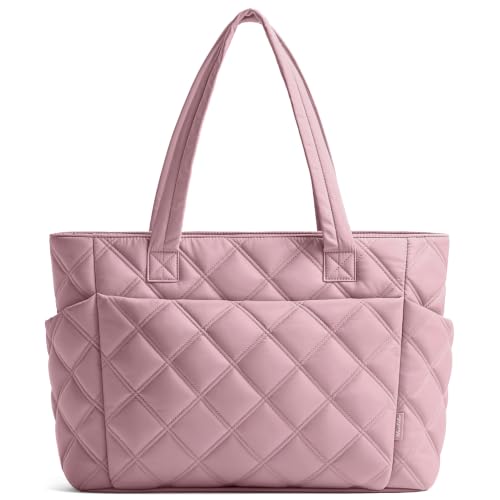 Uselike Tote Bag for Women, Lightweight Puffer Tote Work Bags with Compartments for Travel, Quilted Shoulder Bag with Zipper (Mauve Pink)