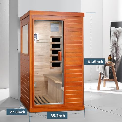 Sauna, Far Infrared Saunas for Home 1 Person Wood Sauna Okoume 800W/110V Low Emf Dry Sauna Indoor Sauna Room with Tempered Glass Door/Speakers/Air Hole and LED Lighting - 35.2*27.6*61.6 IN - Image 5