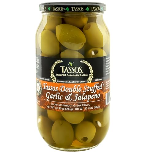Tassos Double Stuffed Jalapeno And Garlic Super Mammoth Olives Imported From Greece 35.27oz