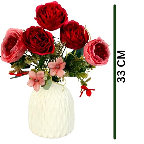 Image of Dekorly Artificial Peony Flowers Bunch | White Vase with Flowers Bunch | Artificial Plants for Home Office Hotel Decor | Bedroom Living Room Bathroom Decor (Red, Height : 30CM)