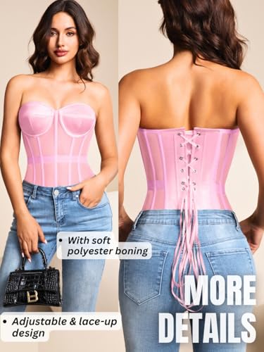 Image of Kaei&Shi Sheer Mesh Overbust Corset,Sexy Strapless Lace Up Satin Bra Corsets Top For Women Shapewear