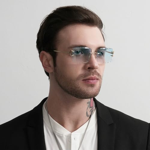 Retro Rimless Rectangle Sunglasses for Men Women Luxury Frameless Square Trendy Shade Diamond Cutting Eyewear2