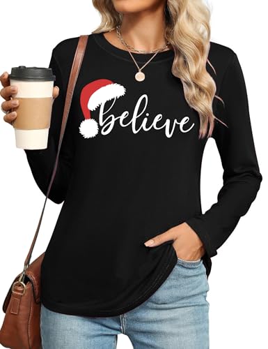 Merry Christmas Shirts for Women Christmas Long Sleeve Plaid Xmas Trees Graphic Shirt Christmas Blouse Tee Tops