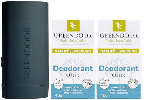 GREENDOOR Deodorant Refill System Starter Pack, nachfüllbares Deo ohne Aluminium, sicherer starker Schutz, hochstabiles ABS in monolithischer stylisher Form, Case anthrazit + 2 Deo Refills classic
