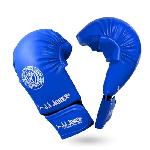 Image of Jonex JJ Moulded Karate Glove, Punching Bag Gloves for Training, Foam Padding, Elastic Hook & Loop Wrap Around Strap, Gloves for Better Protection | PU Shell | Foam Padding | Blue |
