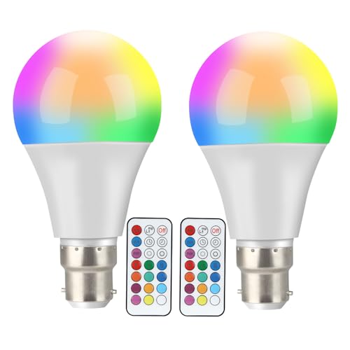 Colour Changing Light Bulb [2 Pack] B22 10W LED RGBW Colour Bulbs with Remote Control 12 Dimmable Colours 2 Dynamic Modes & Timer Settings Colour Light Bulbs for Home Decoration Party Bar KTV