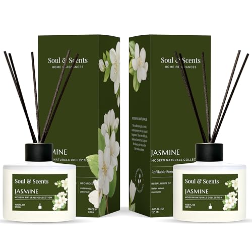 Image of Soul & Scents Jasmine Reed Diffuser Set - 120ml with Free 6 Fiber Reed Sticks Each | Toxin Free & Stress Relief | Long Lasting | Smoke Less Room Freshener for Home, Bedroom & Office | Pack of 2