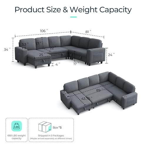 Image of LINSY HOME Sectional Sleeper Sofa Pull Out Couches for Living Room (Grey, Sleeper Sofa 4) | Pull Out Sofa Bed, Storage, USB Charging, Cup Holders, Plush Corduroy