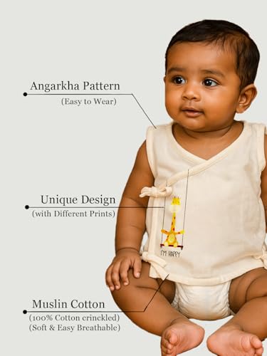 Image of Organic Cotton Muslin Jabla for Babies | Unisex Crinkled Angarka Jhabla | Soft Breathable Baby Product | Ivory Sleeveless Vest | All Season Wear | Pack of 2 | 6-12 Months