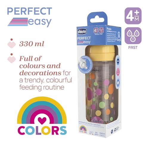 Miniatura 6 de Chicco Biberón Perfect Easy Fast Flow, con tetina Physio de silicona suave y acabado Soft Sense, anticólicos, reduce la regurgitación y la irritabilidad, biberón de plástico de 330 ml, 4m+, niña
