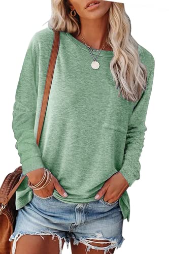 Fangjin Womens Tops Womens Shirts Shirts For Women Casual Boutique Loose Fit Tops Crew Neck Solid Color Long Sleeve Side Split With Pockets Workout Scrub Fashion Tops For Women Pea Green Xl #TOP15