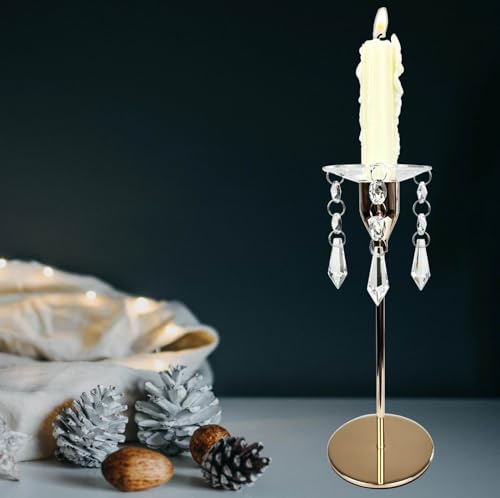 VGEUNA 4 Pieces Bent Glass Candle Bobeches with Crystal Prisms Pendant, Taper Candle Wax Catcher Rings, Candle Wax Drip Protectors Set of 4 (Round)