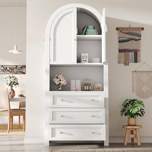 Tall White Arch Storage Cabinet with Drawers and Doors - Freestanding Kitchen and Living Room Organizer with Stylish Open Display Shelves - Modern Design for Home Décor