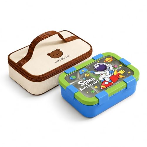 Image of Motka Kids 700 ML Lunch Box Set with Insulated Lunch Bag | 3 Compartments BPA Free Leakproof, Bento Snack Container for School, Travel & Picnic | Cute Cartoon Design for Boys & Girls (Blue)