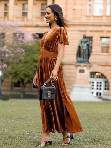 Simplee Women's Short Sleeve Velvet Maxi Dress V Neck Empire Waist Long Formal Wedding Guest Dresses3
