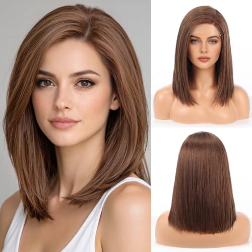 Image of Brown Wig Human Hair Pre Plucked Straight Short Bob Wigs 5x6 UHD Lace Front Wigs Remy Real Human Hair for Women 14Inch