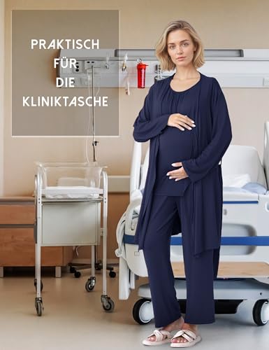 SUNNYBUY Stillpyjama Set Damen 3-teilig Umstands- und Still-Schlafanzug mit Top, Hose und Morgenmantel ideal für Schwangerschaft, Wochenbett und Klinik, Marineblau L
