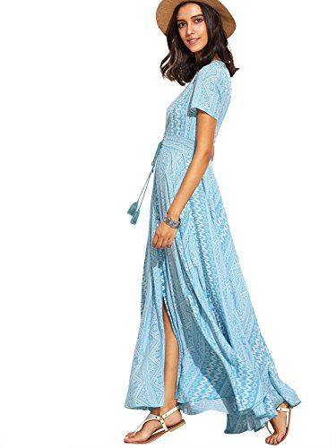 Milumia Women's Button Up Split Floral Print Flowy Party Maxi Dress Large Light Blue