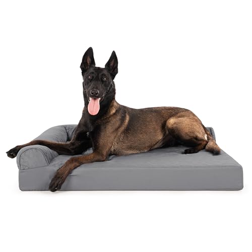 Image of Furhaven Orthopedic Dog Bed for Large Dogs w / Removable Bolsters & Washable Cover, For Dogs Up to 95 lbs - Pinsonic Quilted Paw L Shaped Chaise - Titanium, Jumbo /XL