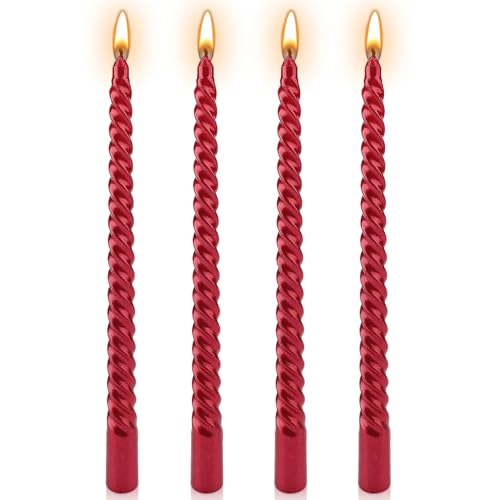 Red Candles 10 Red Taper Candles Set of 4 Spiral Twisted Dinner Candles Non-Drip 7 Hour Burn Time Unscented Decorative Candle Sticks for Valentines Day Christmas Birthday Party Home Decor