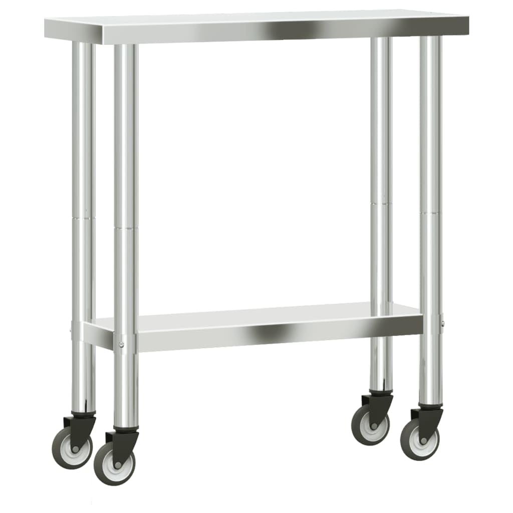 Mesa de trabajo de cocina de acero inoxidable con ruedas, 82,5 x 30 x 85 cm, mesa de restaurante o catering con estante para cocina, bar, bistró, buffet