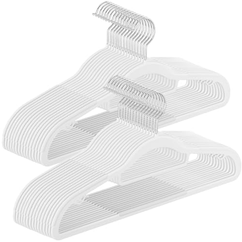 SONGMICS Pack of 50 Coat Hangers, Space-Saving Plastic Clothes Hangers, Non-Slip, 0.2 Inches Slim, 16.5 Inches Wide, 360° Swivel Silver Hook, White UCRP20WT50 White 50 Pack