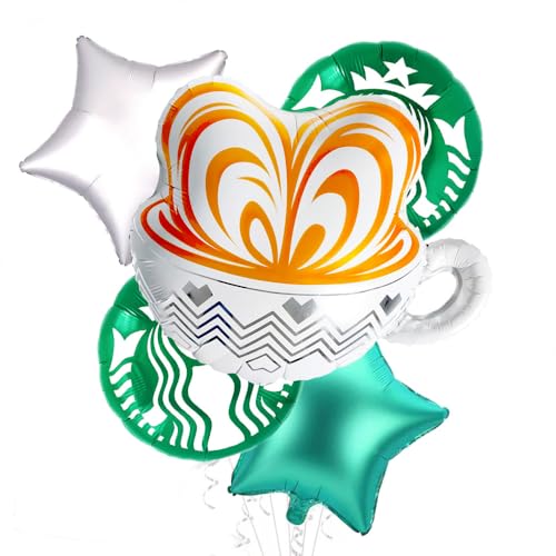 CYMYLAR 5Pcs Green Star Coffee Balloons and Coffee Cup Balloons for Coffee Lovers Party Decorations Coffee Birthday Decorations Coffee Decorations for Coffee Bar