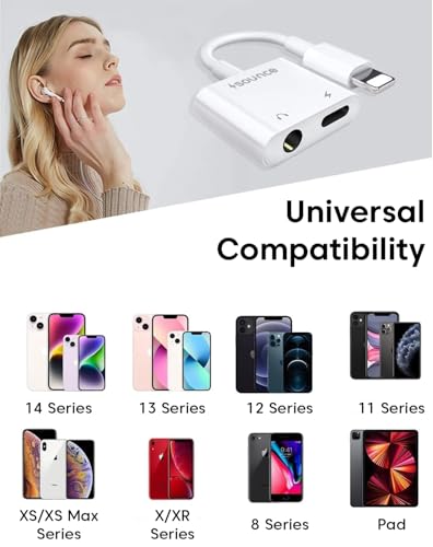Image of Sounce 2-in-1 8 Pin to 3.5mm Audio & Charging Splitter - Dual Port Adapter Cable for Music, Power, Headsets, Speakers & More - White