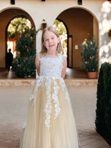 Tulle Flower Girl Dress Wedding Lace Applique Bow-Knot Ball Gowns Crew Neck Sleeveless Birthday Princess Long Dress2