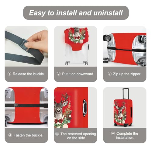Image of Reindeer Luggage Cover - Red Background with Wreath and Ornaments, Elegant Holiday Suitcase Protector for 28 30 Inch Travel