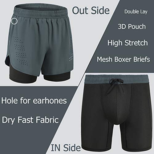 Gesean Men's 2 In 1 Running Shorts Lightweight Gym Training Sport Short Quick Dry Mens Shorts With Phone Pocket Dark Grey Small #TOP5