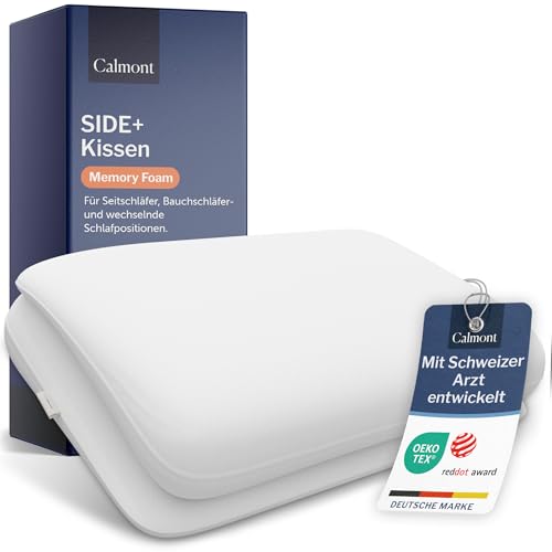 CALMONT - Seitenschläferkissen mit Bezug I RedDot Award Gewinner I Side+ Kissen IBauchschläferkissen I Ergonomisches Kopfkissen I Mit Schweizer Arzt entwickelt (70x40 cm)