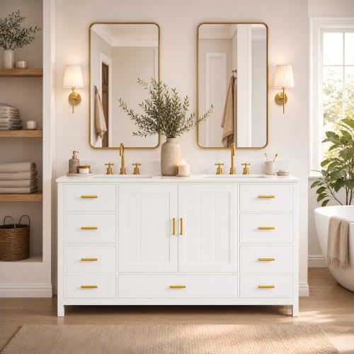 KEIKI 60" Double Sink Bathroom Vanity with Carrara Quartz Top & 9 Drawers | 6 Hole Faucet Compatible, Soft-Close Doors, Smooth Drawer Slides, Dual Sink for Shared Bathrooms, Waterproof Wood Cabinet