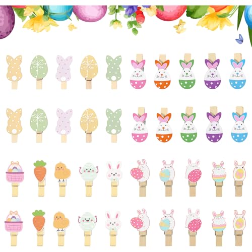 40 Stück Osterklammern mit Hasenmotiv – Kleinigkeiten Zu Ostern, Holz Clips für geldgeschenk Ostern Tischdeko Ostern Geschenkanhänger Ostern, Frohe Ostern Kleinigkeit für Familie Kinder Schule