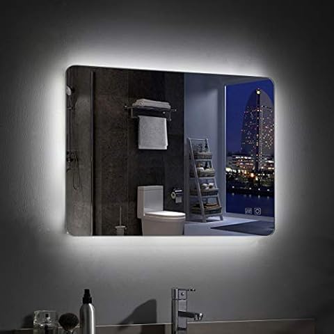 Espejo de baño LED de pared MEESALISA de 80 x 60 cm con iluminación antiniebla y táctil en blanco cálido/frío Cover