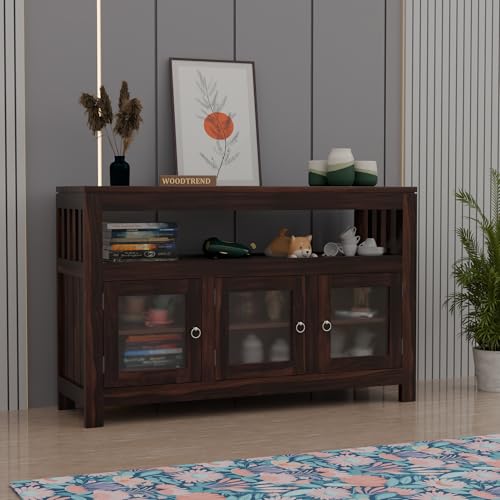 Image of Solid Wood Sideboard Cabinet for Living Room | Wooden Storage Cabinet with Acrylic Glass Doors & Open Shelf (Walnut Finish)
