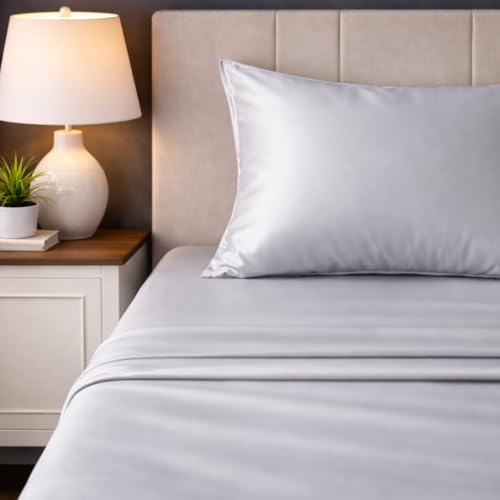 Image of LANE LINEN 100% Cotton Satin Fantasy Bedsheet Double Size - Silver | OEKO-Tex Certified, 100% Cotton Satin Weave, Fits Double & Queen Bed, Gentle on Skin & Hair, Wrinkle-Free