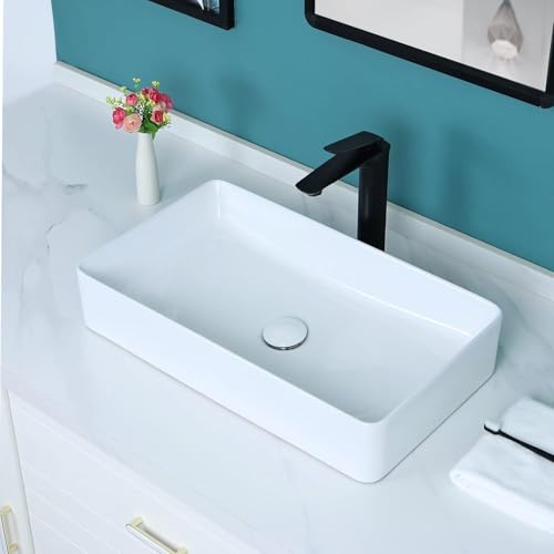 Image of QUALITO Table Top Wash Basin for Bathroom, Living Room, Hall, Dinning Room | Countertop /Over Counter Ceramic Vessel Sink /Basin | Glossy Finish Table Top Wash Basin (White, 24X14X5 Inch)