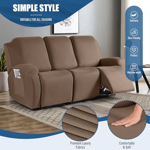 Image of TAOCOCO Recliner Sofa Slipcover, 3 Pieces Polyester Fabric Stretch Sofa Covers for 3 Seat Reclining Couch, Soft Washable Furniture Protector with Pockets (3 Seat, Light Coffee)