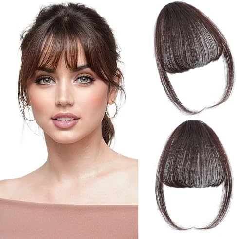 Clip in Bangs 100% Real Human Hair, Fake Bangs Hair Clip on Bang for Women, Dark Brown Wispy Bang Fringe with Temples Hairpieces Extensions for Daily Wear (Dark Brown, Wispy Bangs)