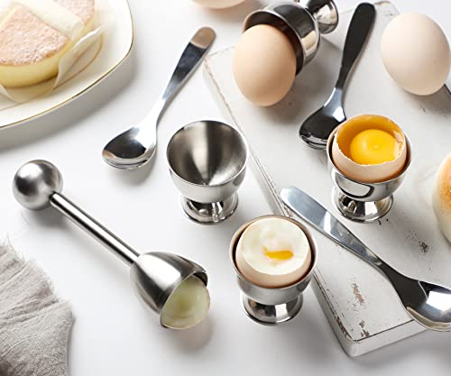 Egg Cups For Soft Boiled Eggs Holder - Egg Cracker Topper Tool Set Includes 2 Egg Cups, 2 Egg Spoons, 1 Egg Cracker Topper Perfect Egg Cutter Tool For Breakfast #TOP6