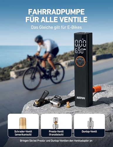 AstroAI Fahrradpumpe Elektrische Luftpumpe, 150PSI Mini Tragbare Akku Fahrradpumpe alle ventile, Hochspannungsmotor Speziell für Fahrrad, Wiederaufladbare für Stadtrad, Rennrad, Mountainbike, Orange