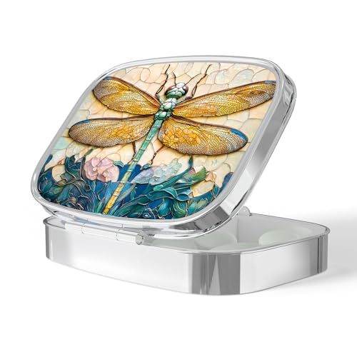 Image of Pill Box-2 Compartment Small Pill Case Portable for Pocket & Purse Single Pill Carrier Pill Container to Hold Vitamins Medication Fish Oil and Supplements BPA-Free(Dragonfly)