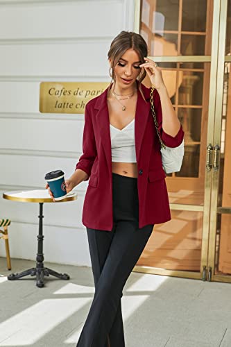 Womens Casual Blazers 3/4 Stretchy Ruched Sleeve One Button Work Office Blazer Open Front Jacket S-Xxxl Wine Red #TOP3