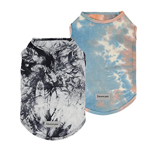 Fitwarm 2-Pack 100% Cotton Tie Dye Dog Clothes With Reflective Label Dog Shirts Doggie T-Shirts Puppy Tank Top Vest Tee Summer Cat Clothes Blue Black Medium #TOP14