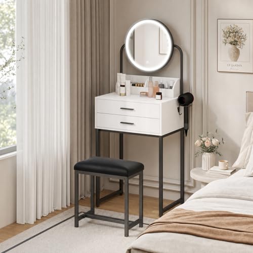 YU YUSING 55cm Petite Coiffeuse avec Miroir LED et Tabouret, Table de Maquillage avec 2 Tiroirs et 2 Étagères, Table Coiffeuse Cosmétique avec Rangement,...
