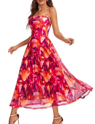 DRESSTELLS Women's Wedding Guest Dress, Long Floral Spaghetti Strap Spring
